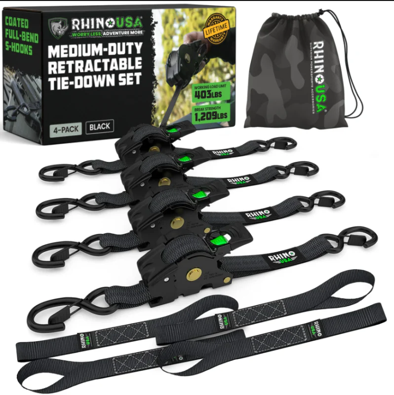 Rhino USA Retractable Ratchet Straps (2Pk 1Inx10Ft) Black
